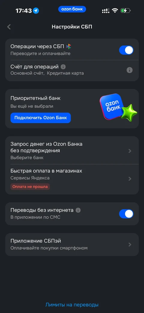 Ozon Банк · Настройка СБП · 393