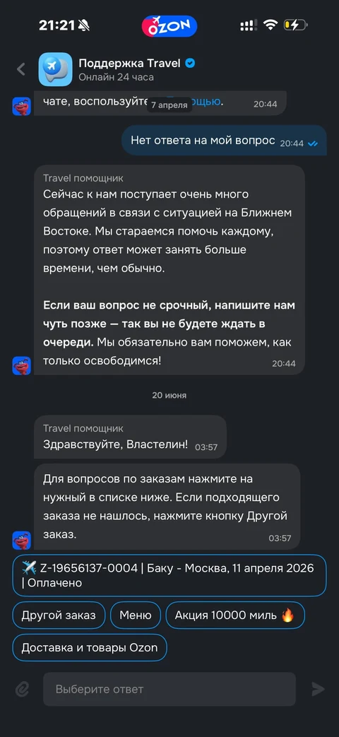 Ozon travel · Поддержка · 17