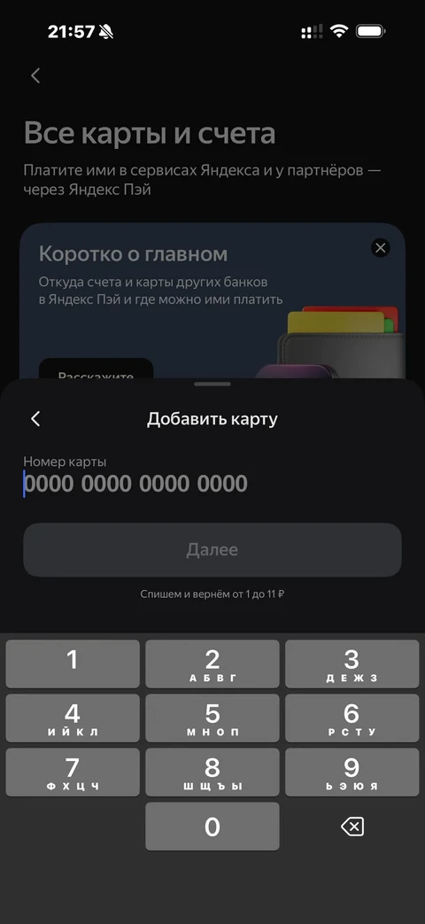 Яндекс Пэй · Карты и счета · 98